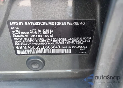 2014 BMW 528I из США, поврежденный, VIN WBA5A5C55ED505648